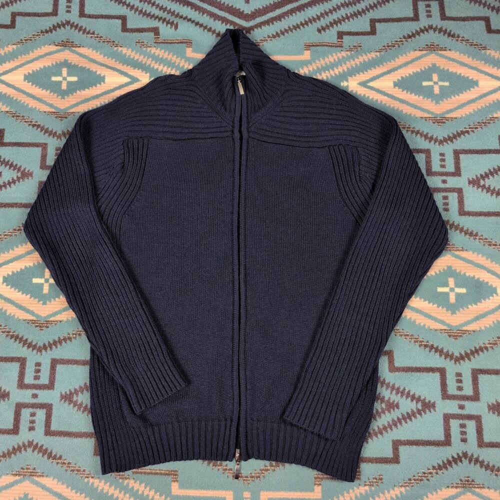 Vintage Norm Thompson Zip Sweater Wool Acrylic Blend Navy Blue Medium Italy